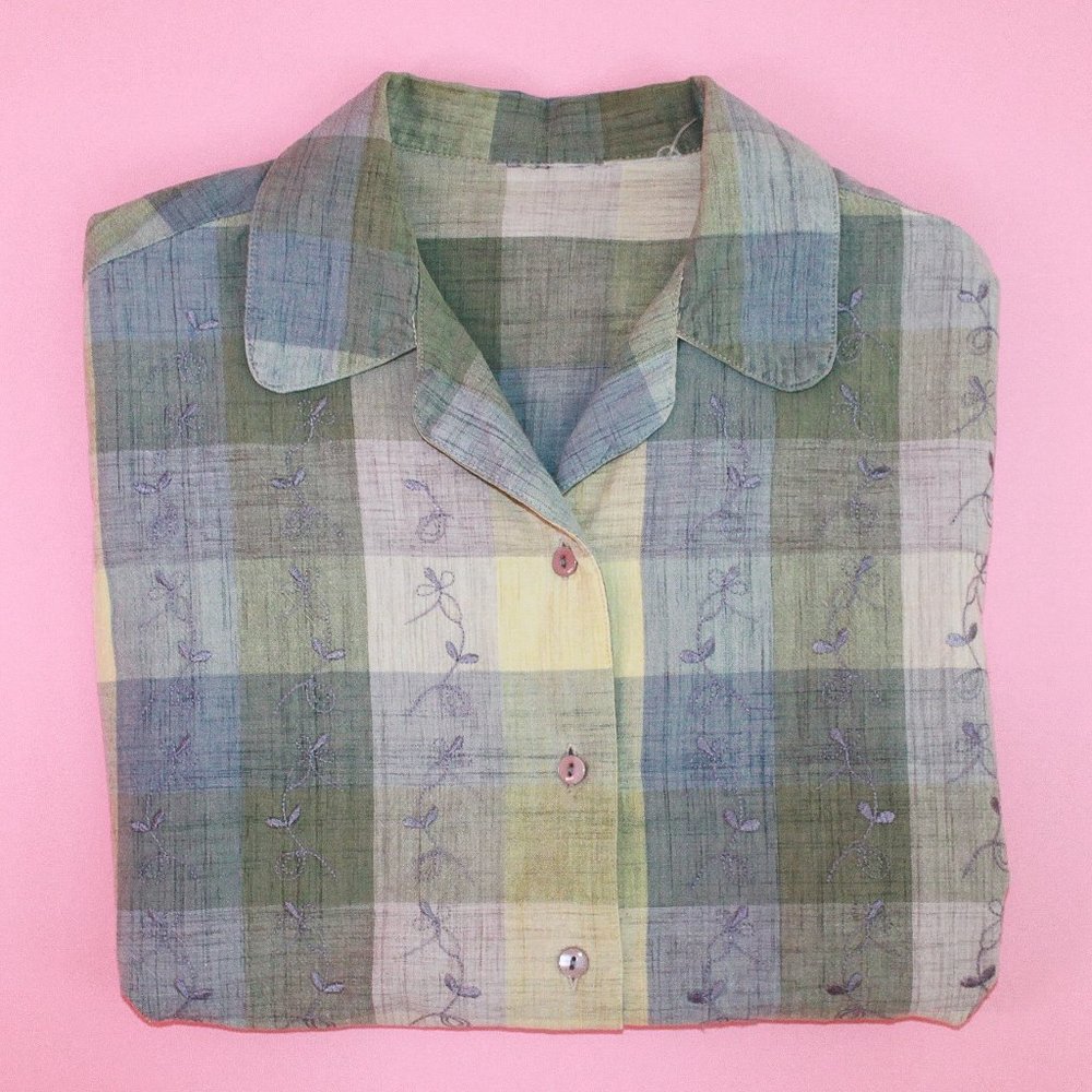 Vtg Linen Plaid Embroidered Pastel Button-Up Shirt - Picture 4 of 8